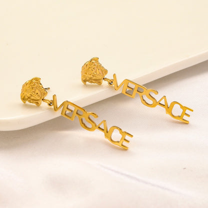 304 Stainless Steel Medusa & Vertical Letter Drop Earrings