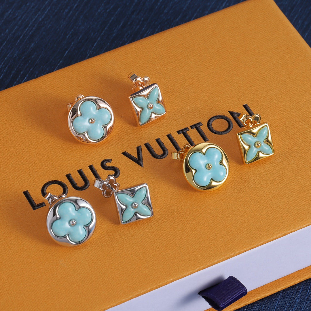Turquoise-Tone Asymmetric Floral Stud Earrings