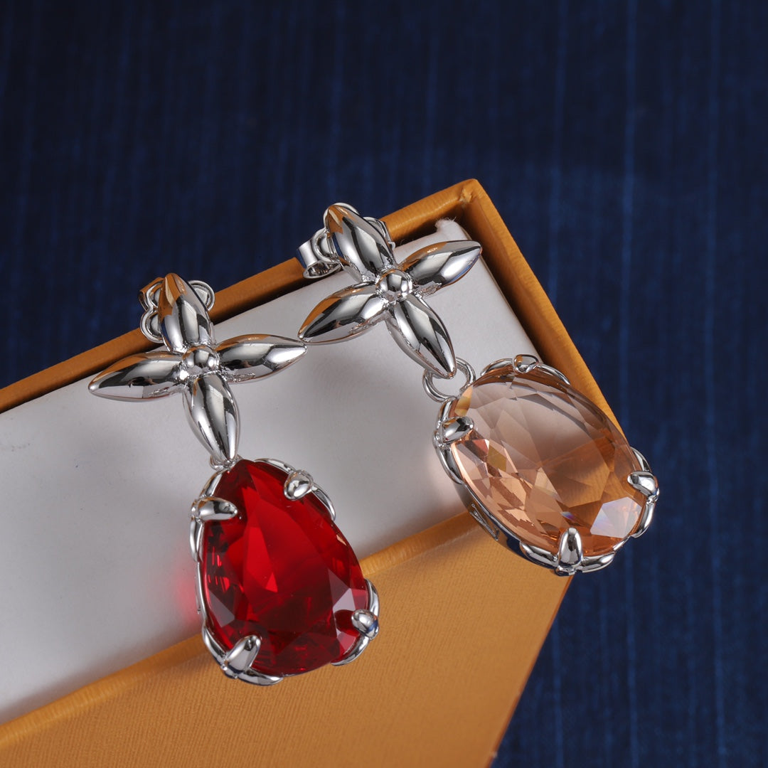 Floral Stud & Oval Stone Drop Earrings