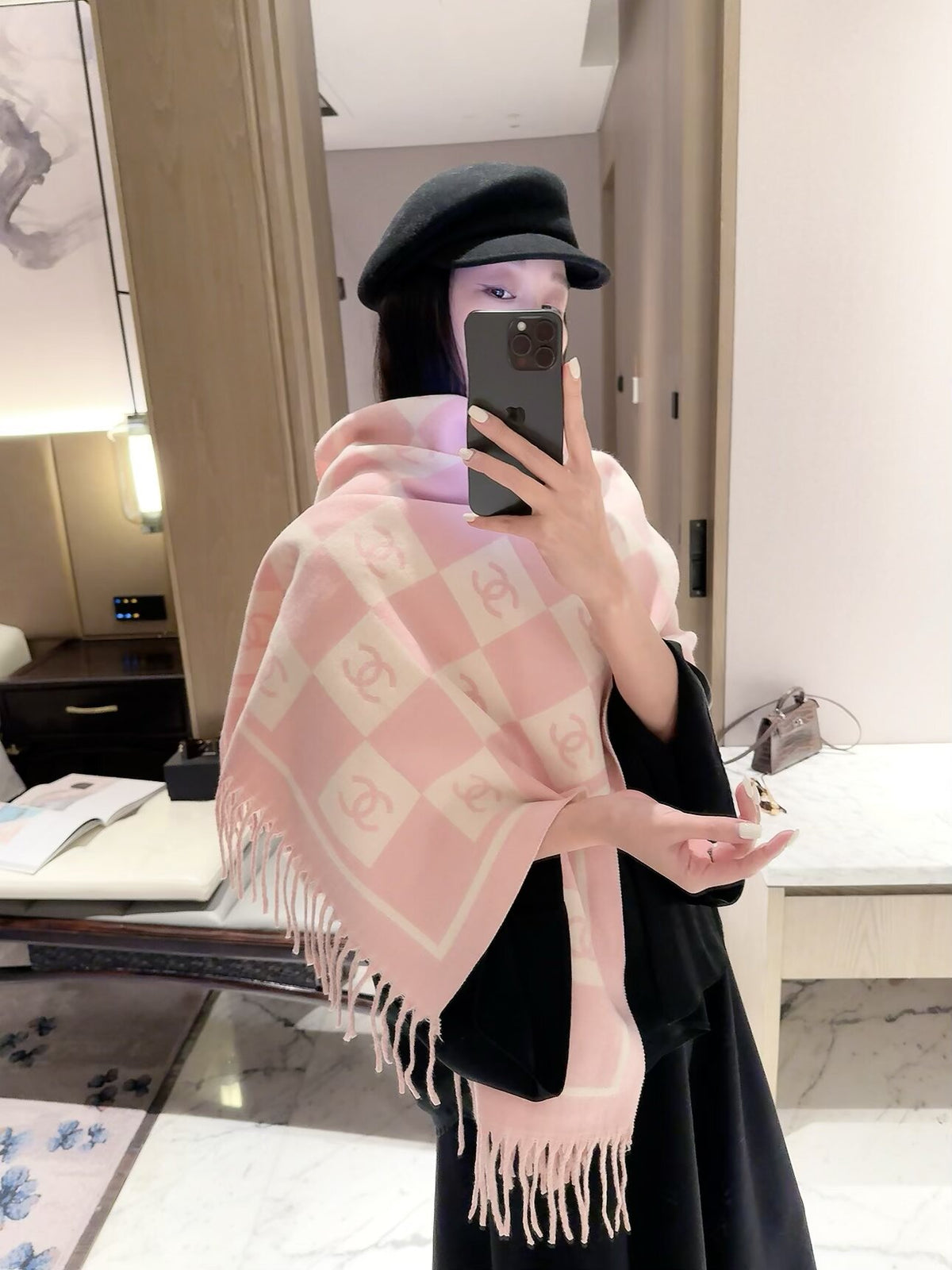 Checkerboard Monogram Scarf with Fringed Ends