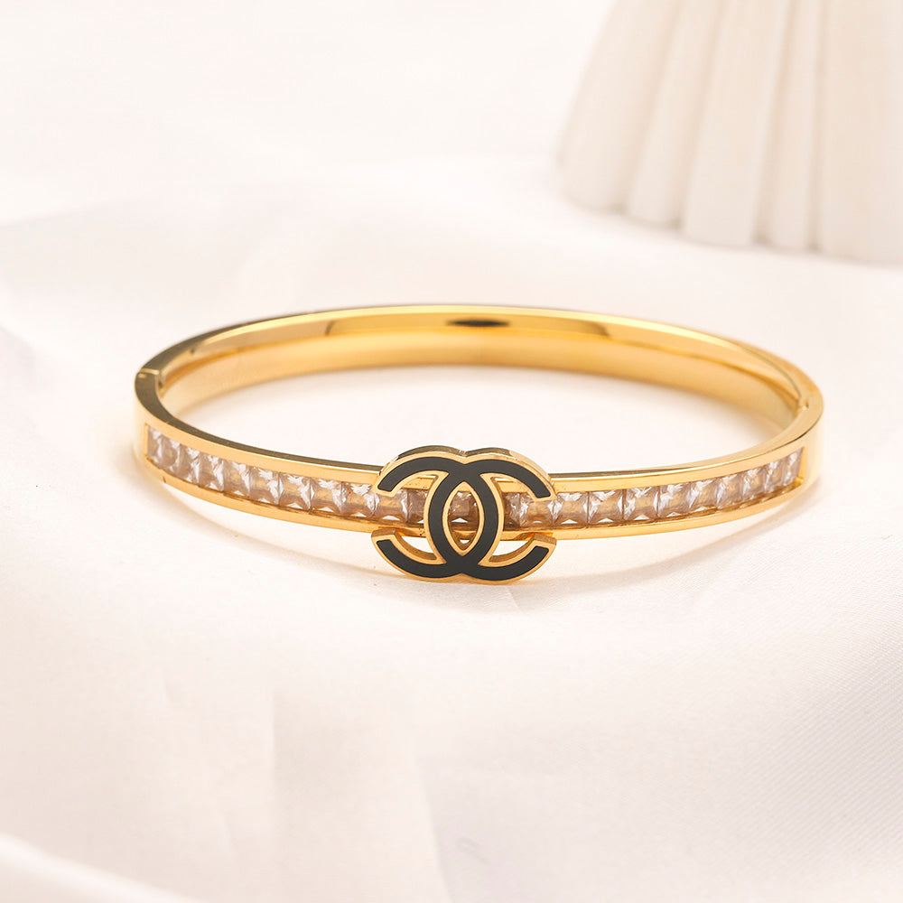 304 Stainless Steel Slim Pave Interlocking-C Bangle Bracelet