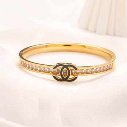304 Stainless Steel Slim Pave Interlocking-C Bangle Bracelet