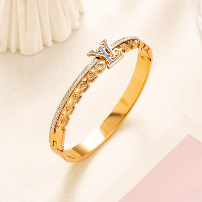 304 Stainless Steel Beaded-Edge Monogram Bangle Bracelet