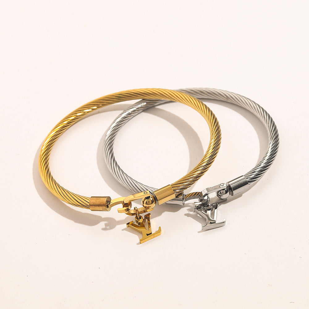 304 Stainless Steel Mesh Cord Bracelet with Monogram Charm