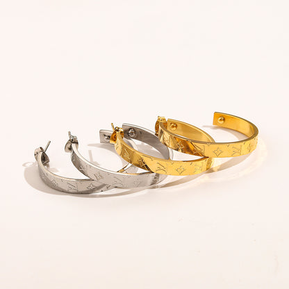 304 Stainless Steel Engraved Flat Band Hoop Earrings