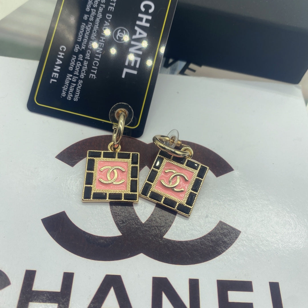 Pink & Black Square Charm Hoop Earrings