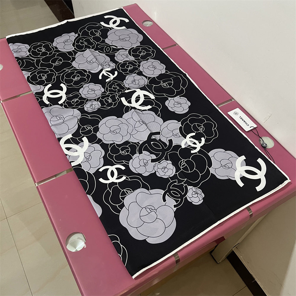 Camellia & Monogram Square Scarf - 90 x 90 cm