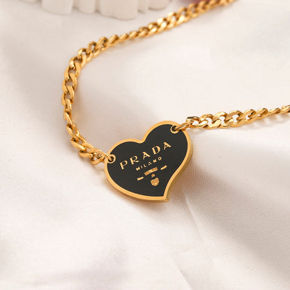 304 Stainless Steel Color-Inlay Heart Pendant Curb Chain Necklace