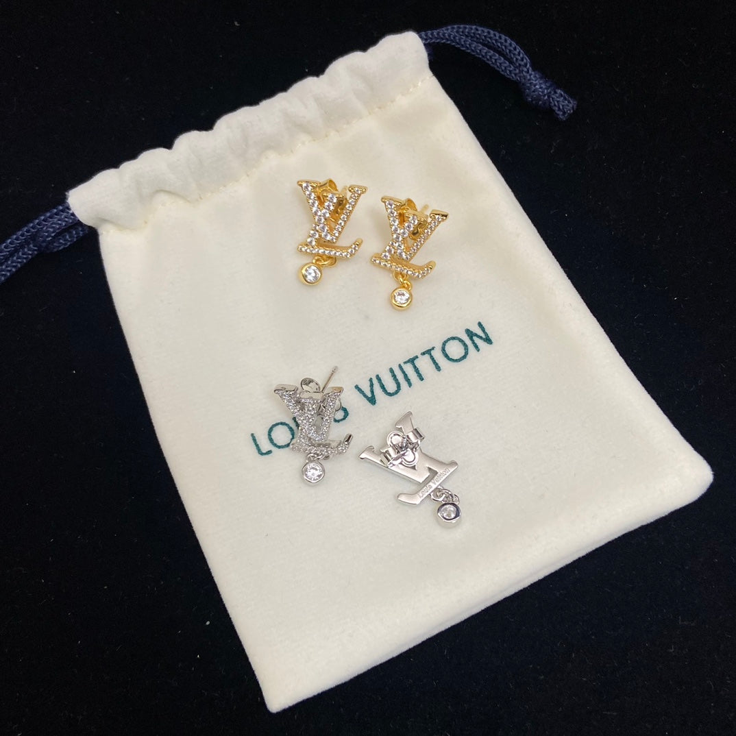 Pave Monogram & Round Stone Stud Earrings