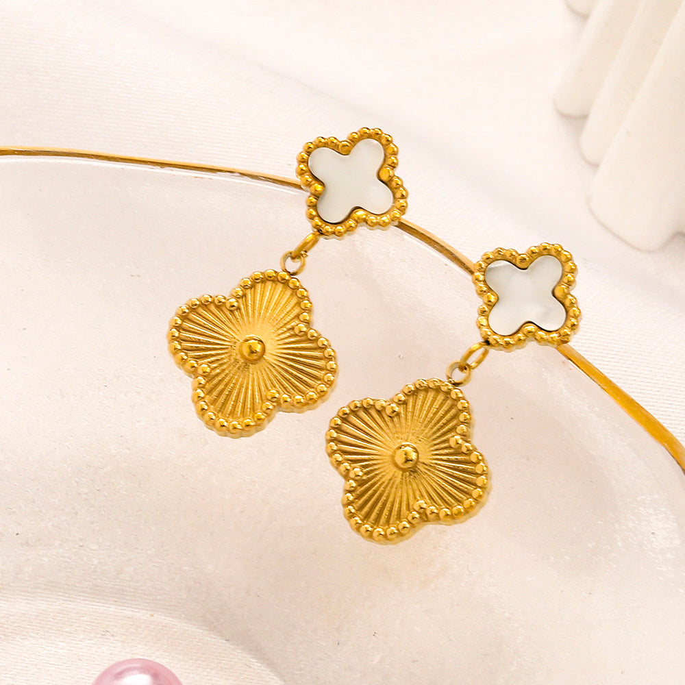 304 Stainless Steel Double Quatrefoil Drop Earrings