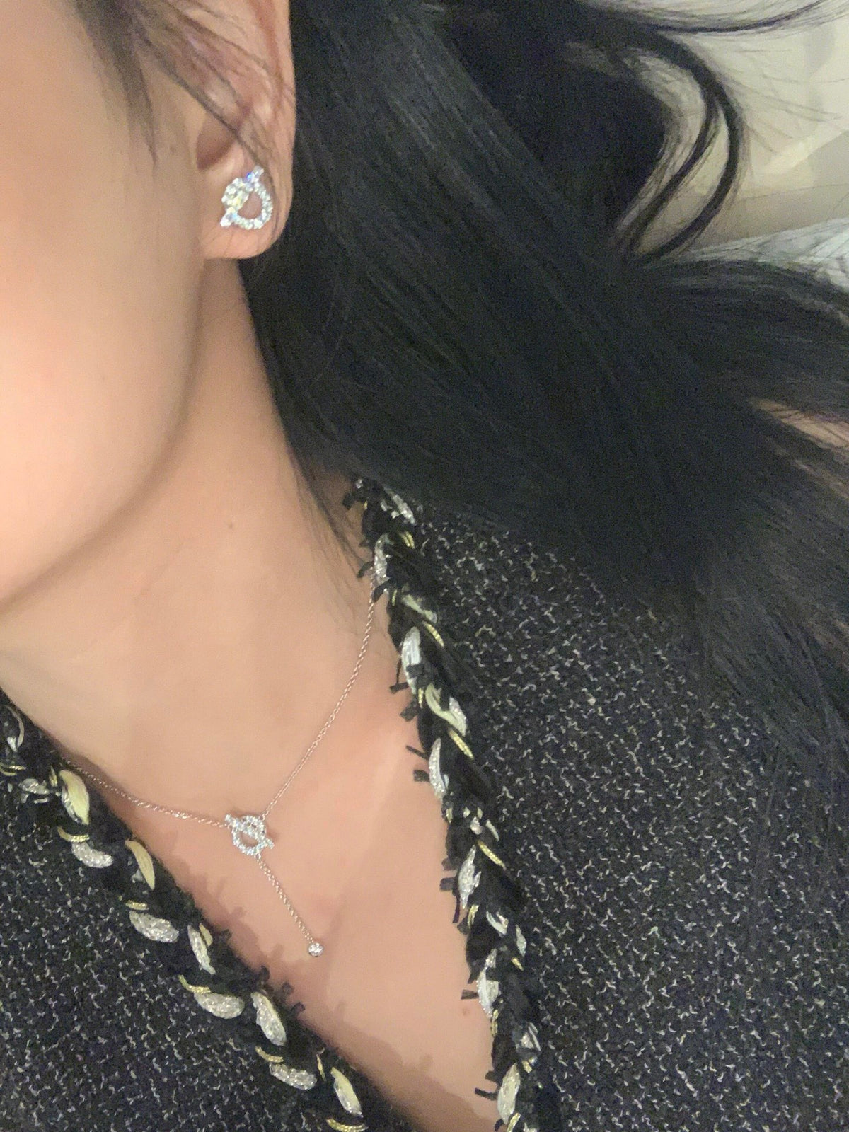 Pave Ring & Safety-Pin Pendant Necklace