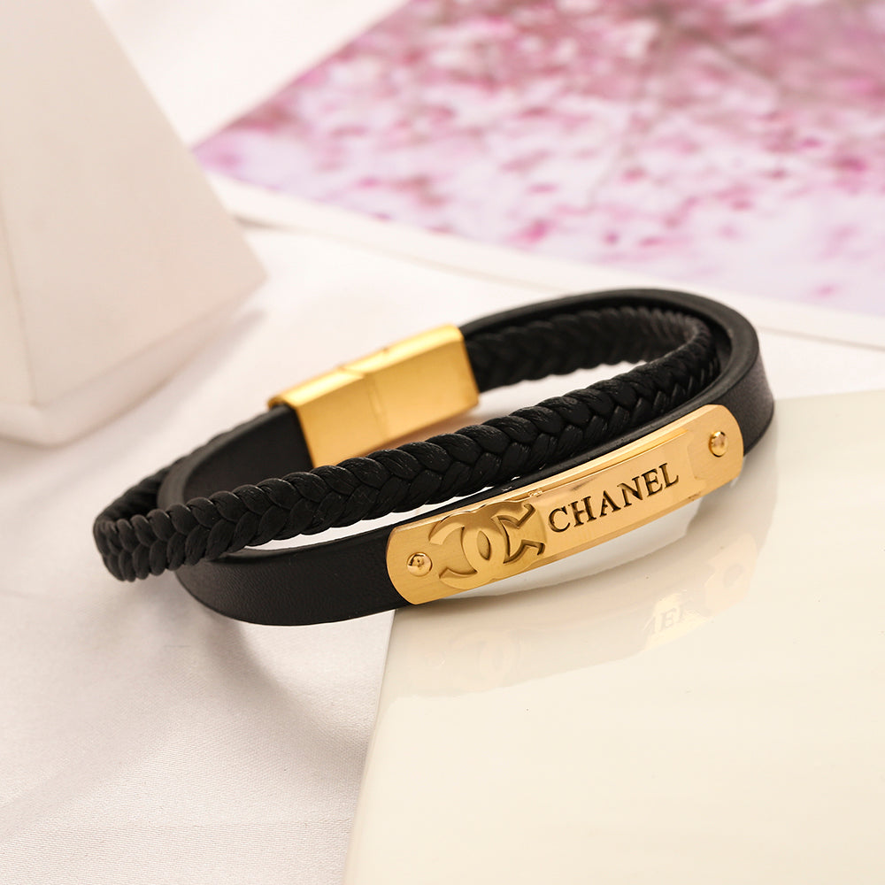304 Stainless Steel Black Braided Interlocking-C Bar Bracelet