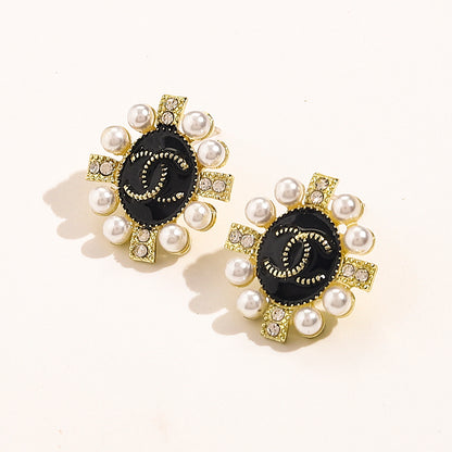 Alloy Black Medallion Pearl-Effect Cluster Stud Earrings