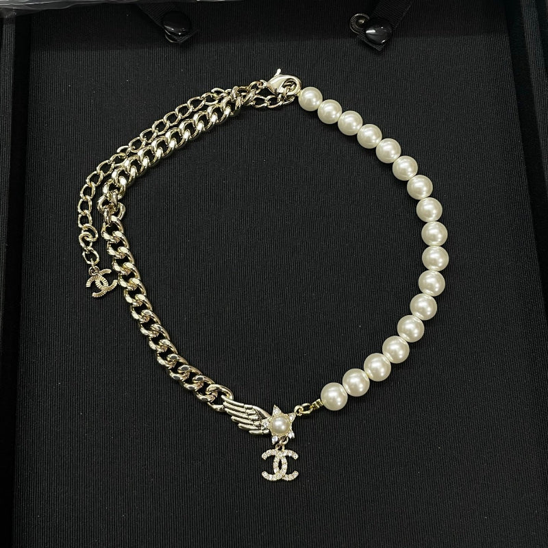 Half-Pearl-Look Half-Chain Monogram Necklace
