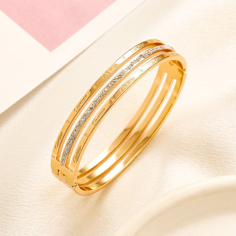 304 Stainless Steel Triple Band Pave Bangle Bracelet