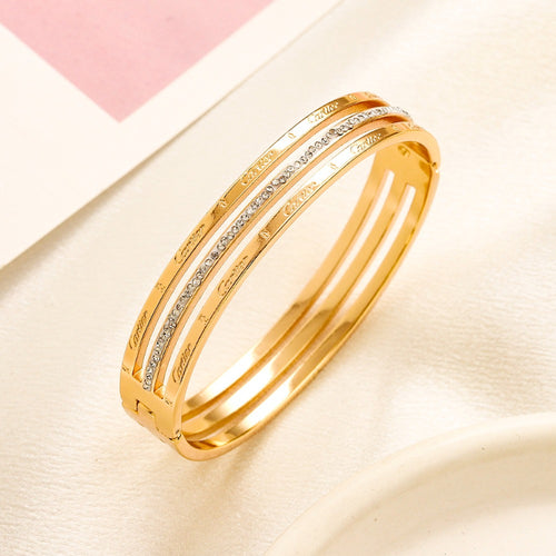 304 Stainless Steel Triple Band Pave Bangle Bracelet