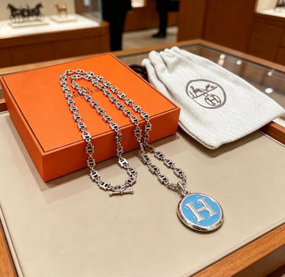 Blue H-Medallion Chunky Chain Necklace