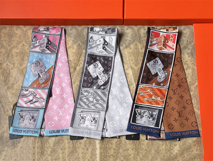 Illustrated Panel Print Ribbon Scarf - 5 x 120 cm
