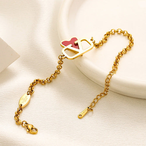 304 Stainless Steel Red Heart & V-Motif Chain Bracelet