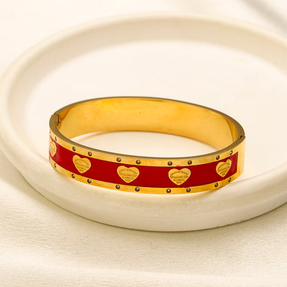 304 Stainless Steel Color-Inlay Heart Pattern Bangle Bracelet