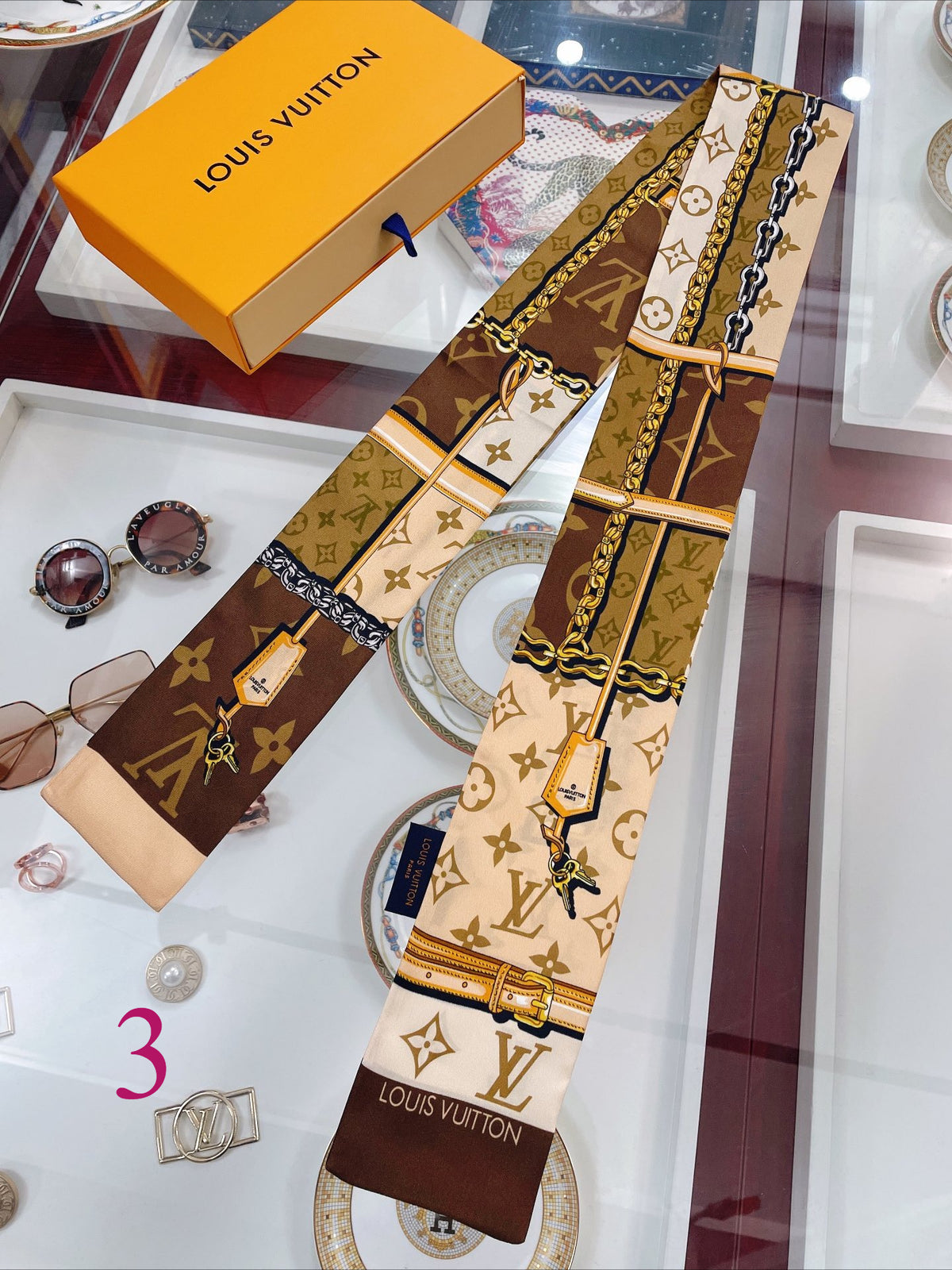 Chain & Monogram Print Ribbon Scarf - 5 x 120 cm