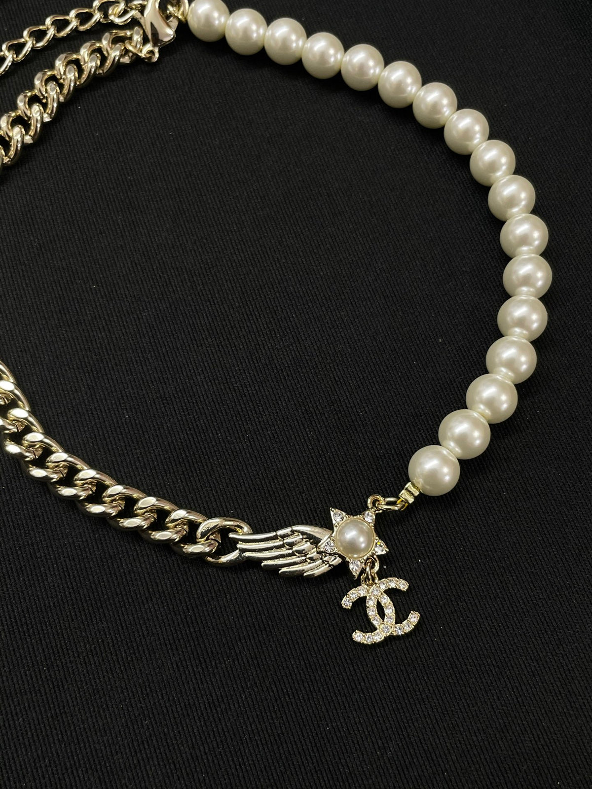 Half-Pearl-Look Half-Chain Monogram Necklace