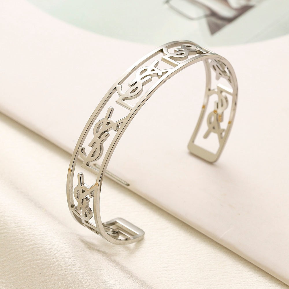 304 Stainless Steel Openwork Monogram Band Cuff Bracelet