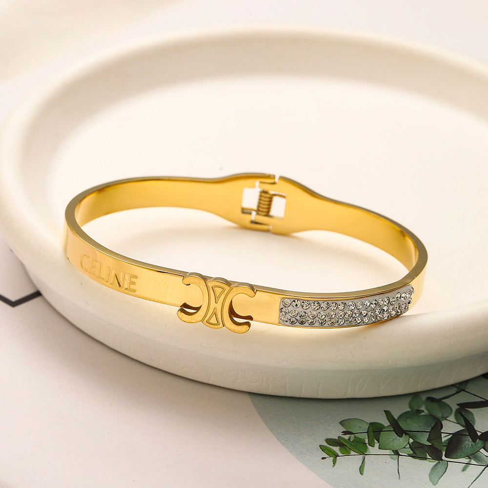 304 Stainless Steel Pave Accent Emblem Bangle