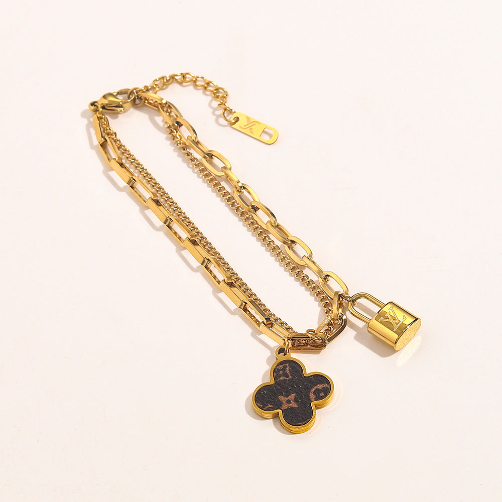 304 Stainless Steel Padlock & Black Flower Charm Bracelet