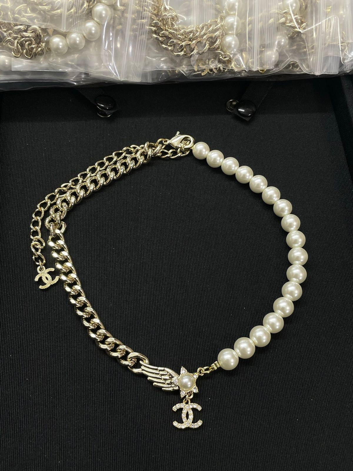 Half-Pearl-Look Half-Chain Monogram Necklace