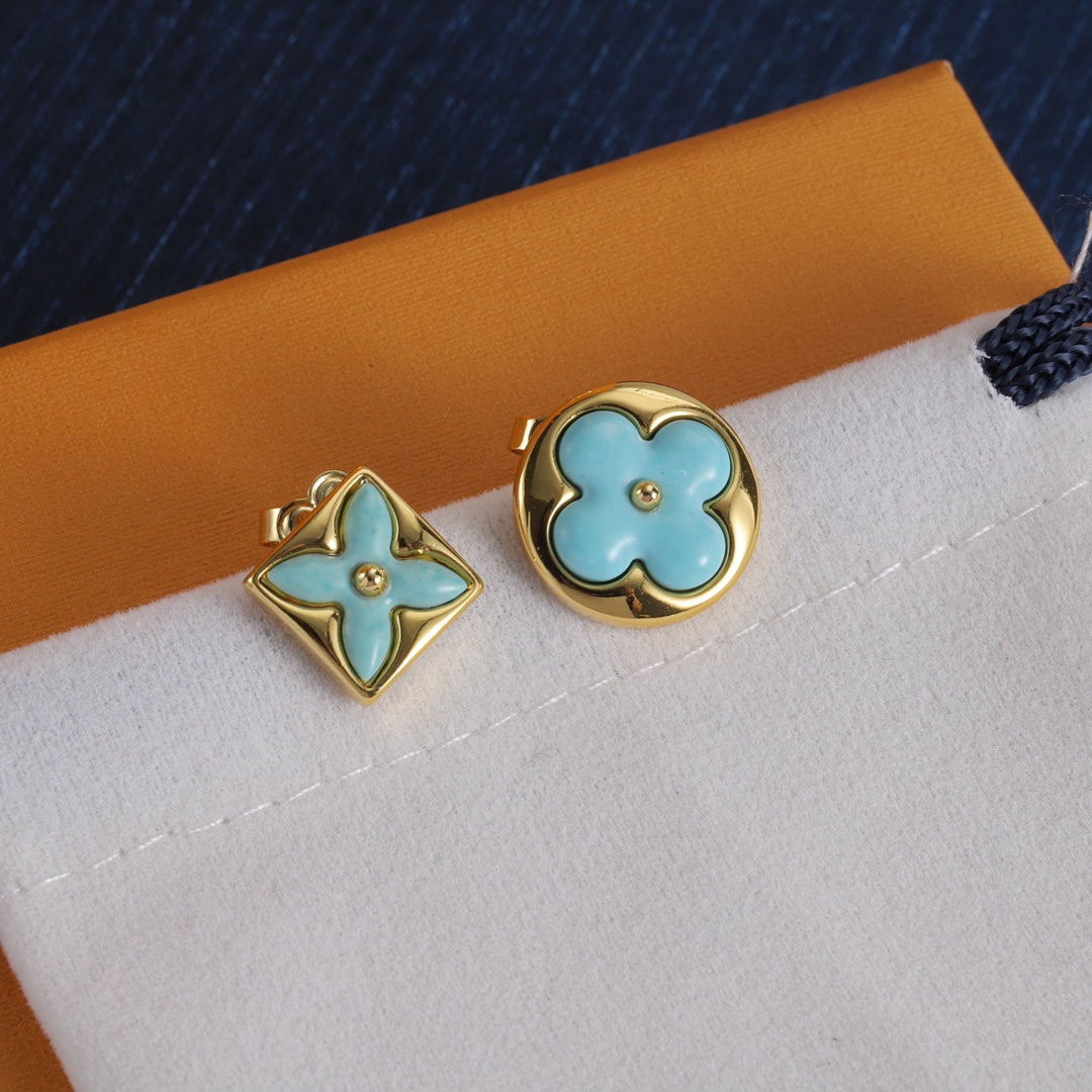 Turquoise-Tone Asymmetric Floral Stud Earrings