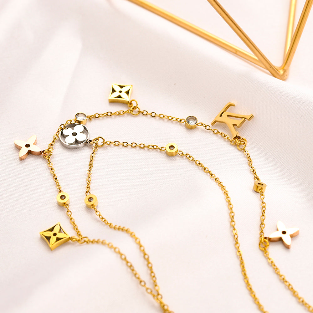 304 Stainless Steel Layered Floral Station Monogram Necklace