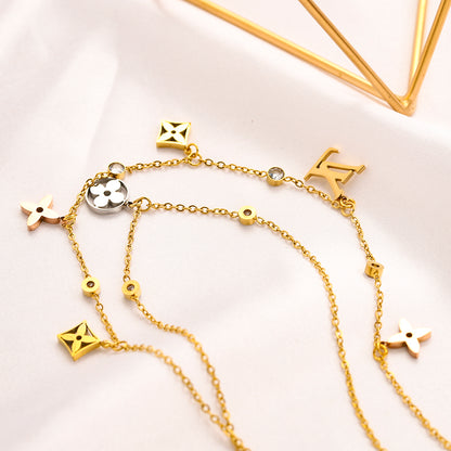304 Stainless Steel Layered Floral Station Monogram Necklace