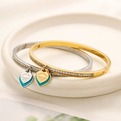 304 Stainless Steel Pave Bangle with Color-Edge Heart Charm