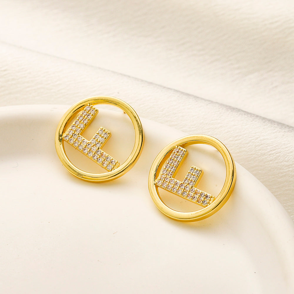 304 Stainless Steel Pave Round F-Motif Stud Earrings