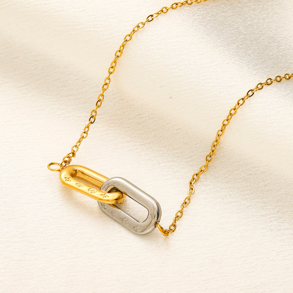 304 Stainless Steel Two-Tone Interlocking Oval Pendant Necklace