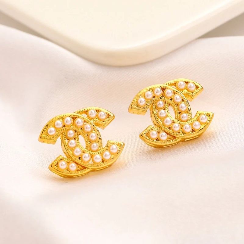 Alloy Pearl-Effect Interlocking-C Stud Earrings