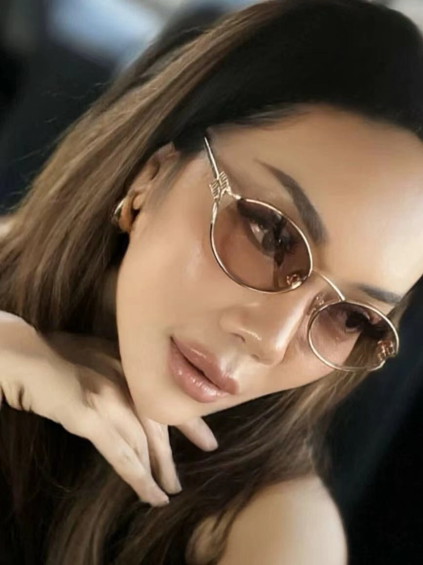 Oval Metal-Frame Sunglasses with Decorative Hinges