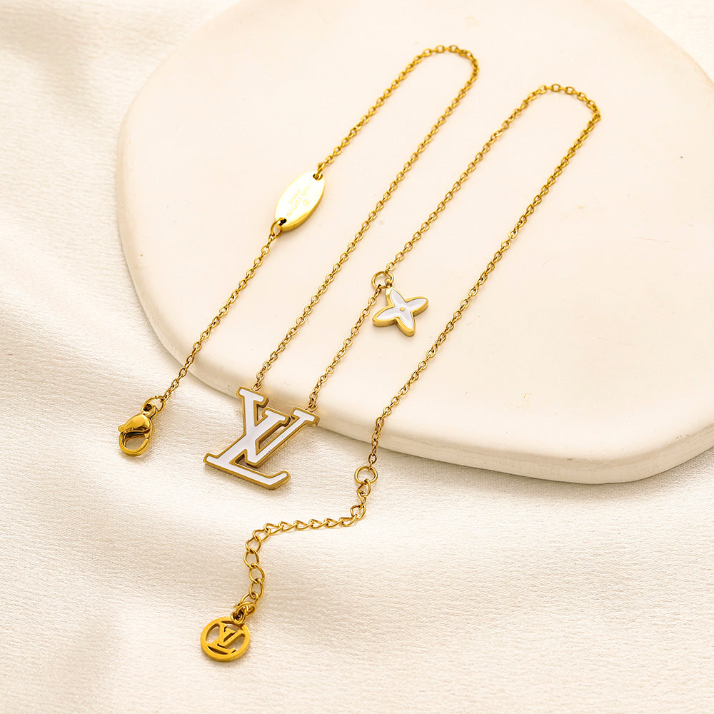 304 Stainless Steel Color-Inlay Monogram & Flower Necklace