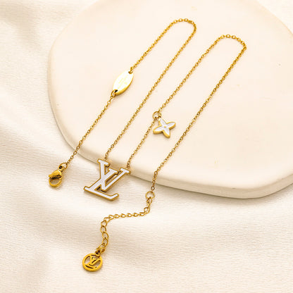 304 Stainless Steel Color-Inlay Monogram & Flower Necklace