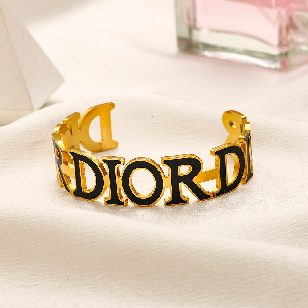 304 Stainless Steel Openwork Color-Inlay Lettering Cuff Bracelet