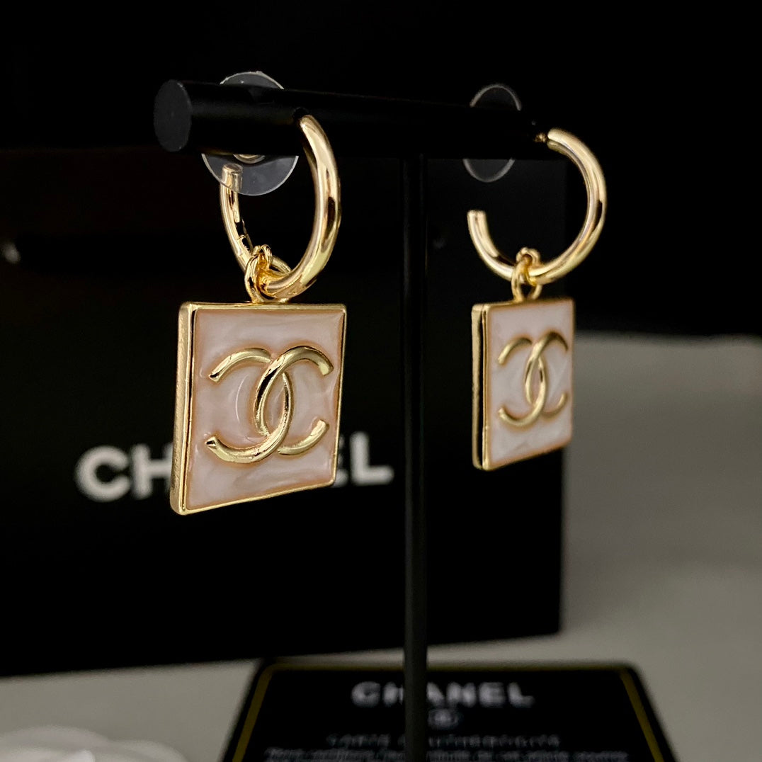 Pink Square Charm Hoop Earrings