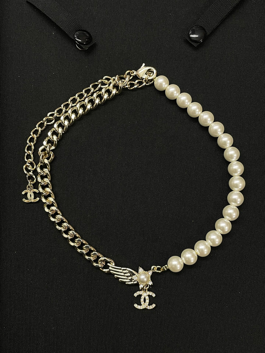 Half-Pearl-Look Half-Chain Monogram Necklace