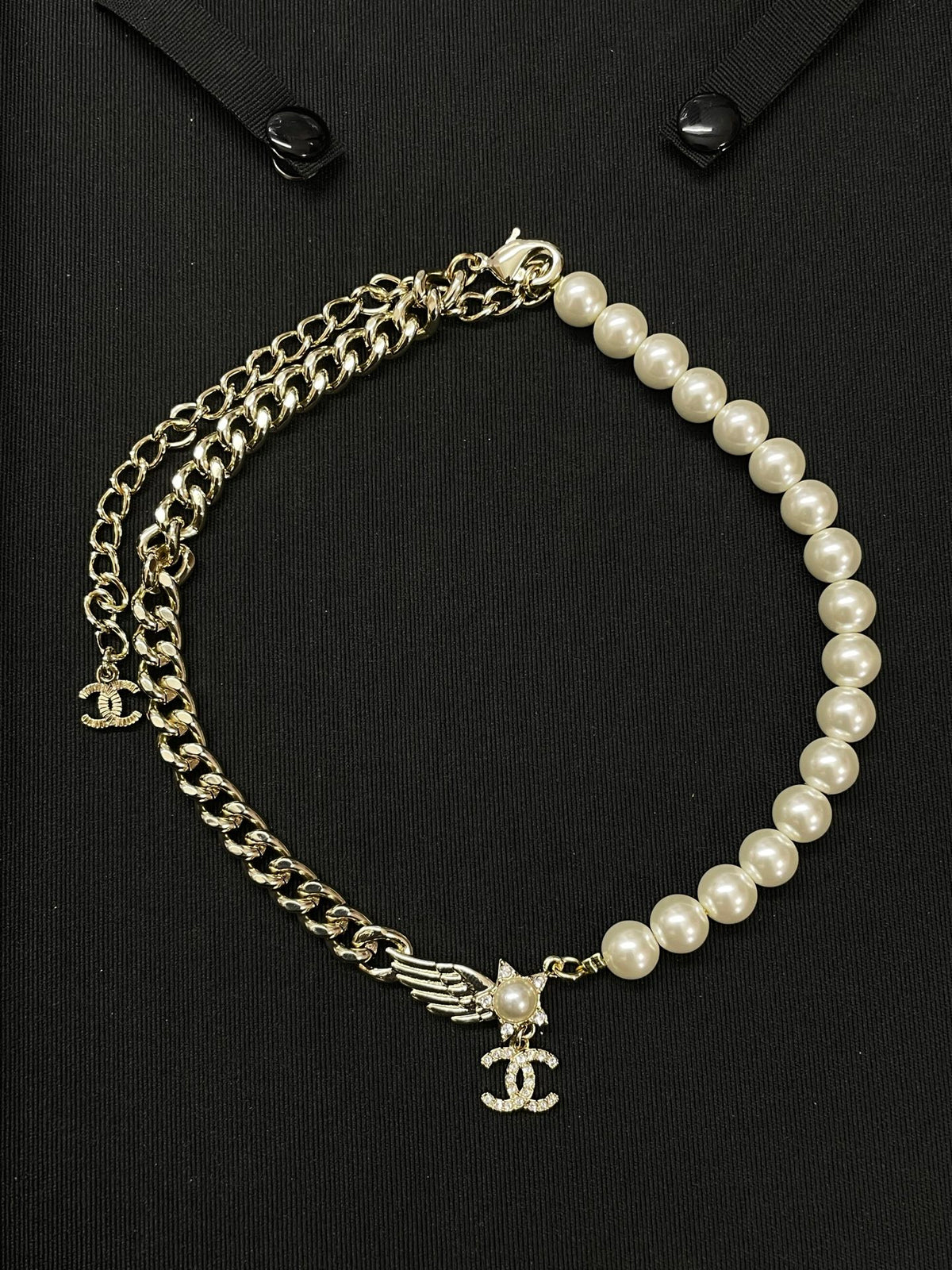 Half-Pearl-Look Half-Chain Monogram Necklace