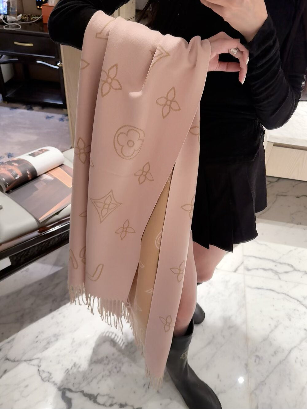 Oversized Floral Monogram Fringed Scarf