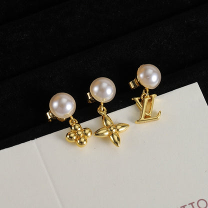 Pearl-Effect Floral & Letter Stud Earrings