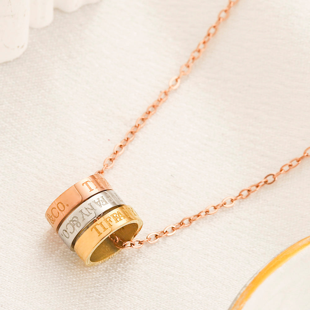 304 Stainless Steel Pave Double-Band Ring Pendant Necklace