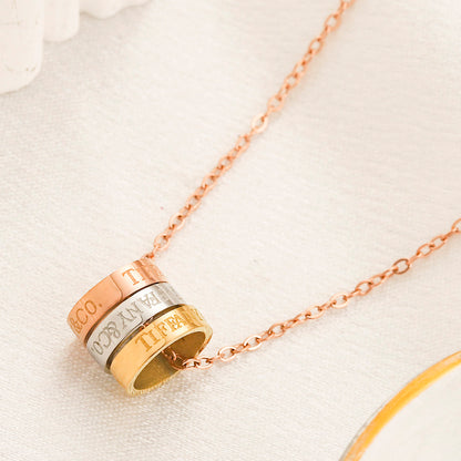 304 Stainless Steel Pave Double-Band Ring Pendant Necklace