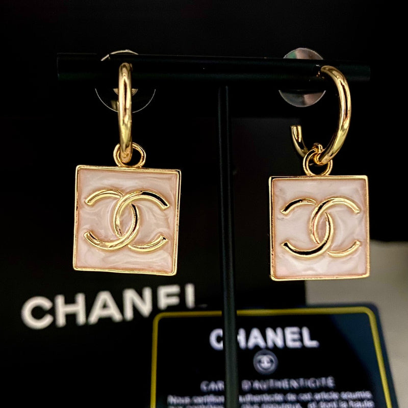 Pink Square Charm Hoop Earrings