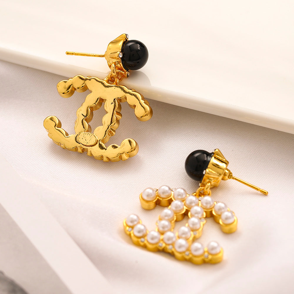 Alloy Black Stud & Pearl-Effect Interlocking-C Drop Earrings